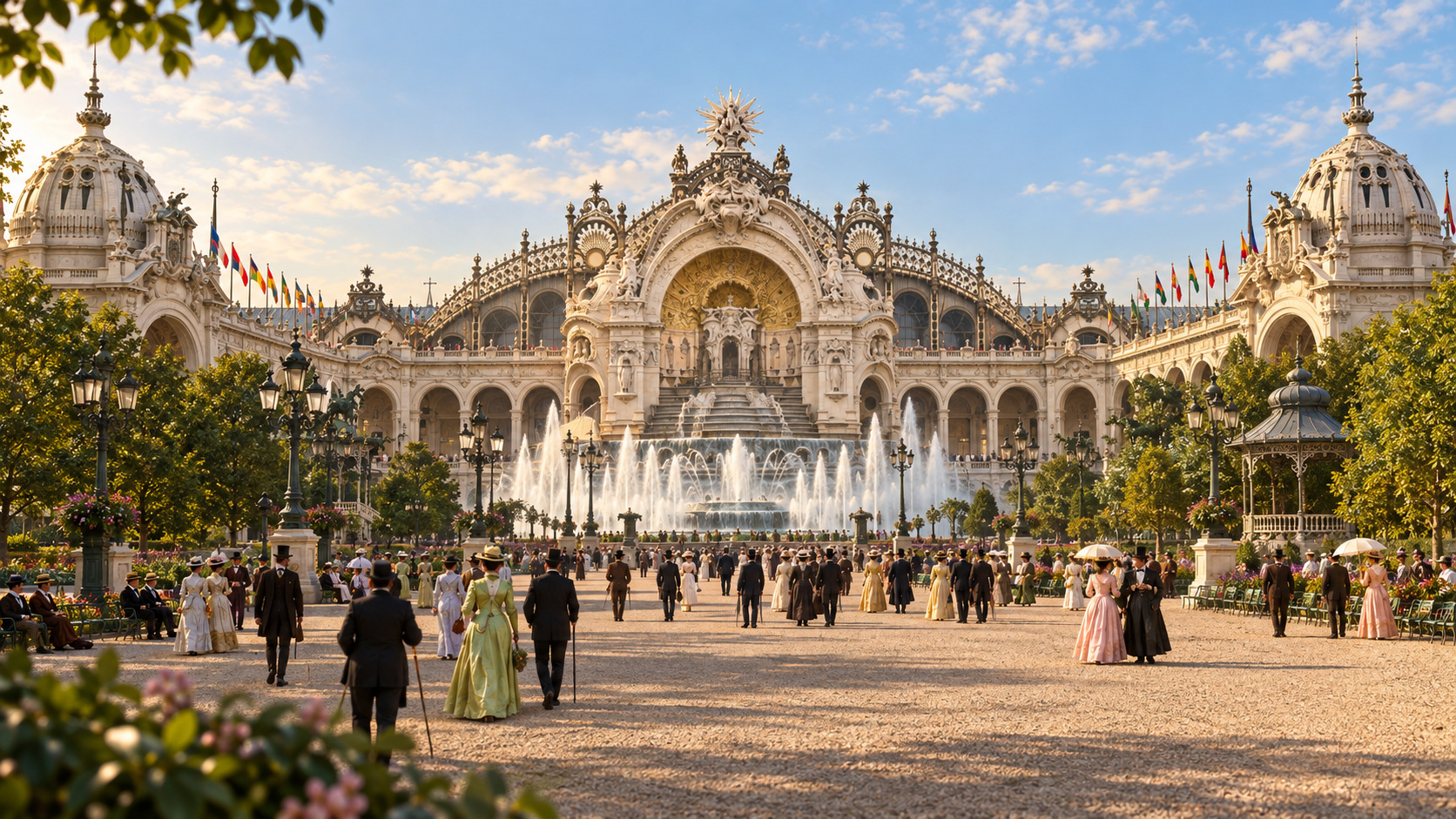 AI-assisted historical reconstruction of The Palace of Electricity; not an archival photograph. Interpretive details may differ from the historical record.