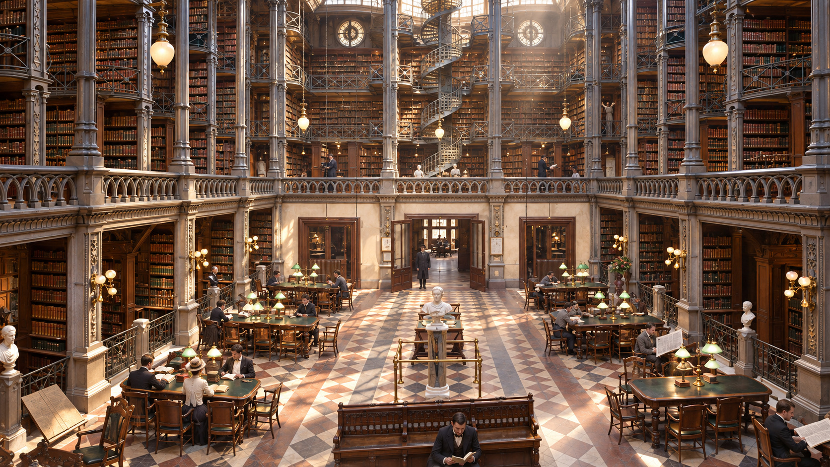 AI-assisted historical reconstruction of Cincinnati’s Old Main Library; not an archival photograph. Interpretive details may differ from the historical record.