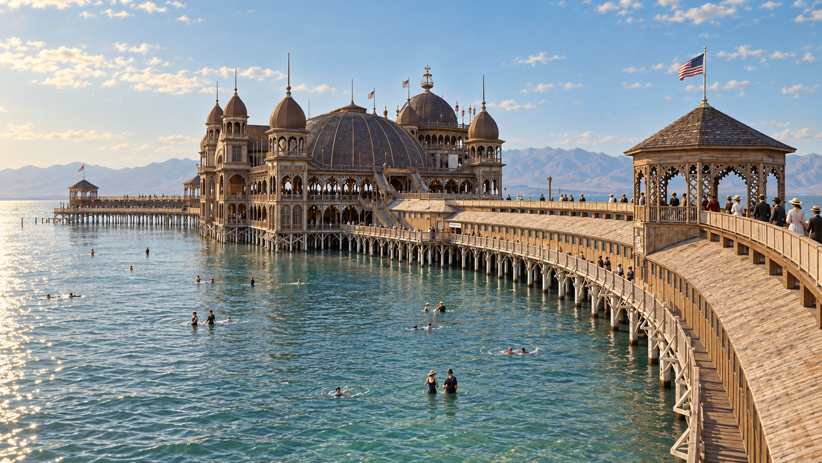 AI-assisted historical reconstruction of The First Saltair; not an archival photograph. Interpretive details may differ from the historical record.
