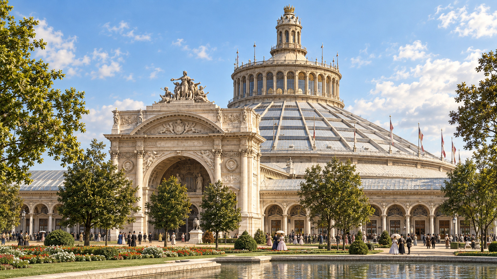 AI-assisted historical reconstruction of Vienna’s Rotunde; not an archival photograph. Interpretive details may differ from the historical record.