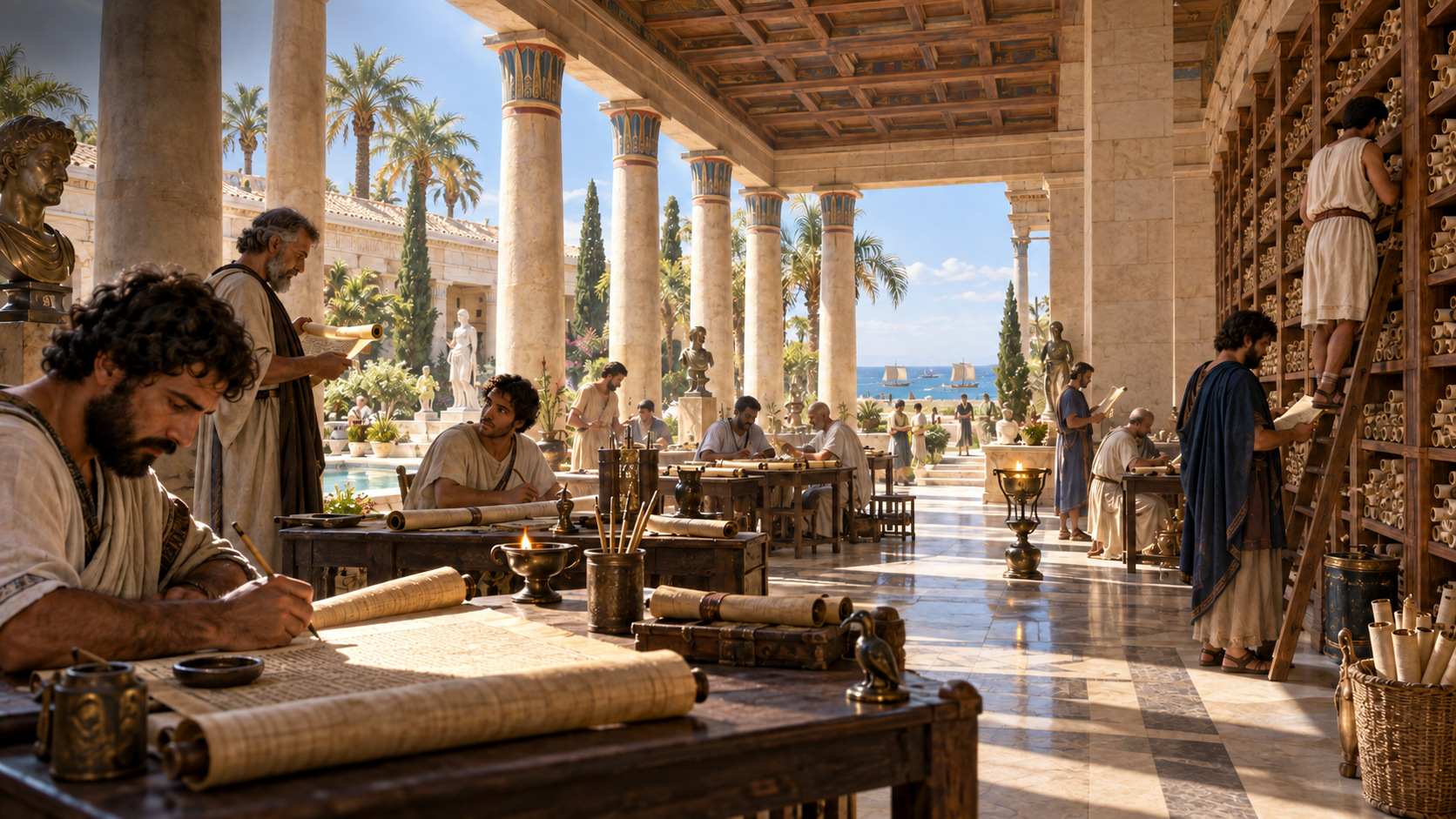 AI-assisted historical reconstruction of Alexandria’s World of Scholars; not an archival photograph. Interpretive details may differ from the historical record.