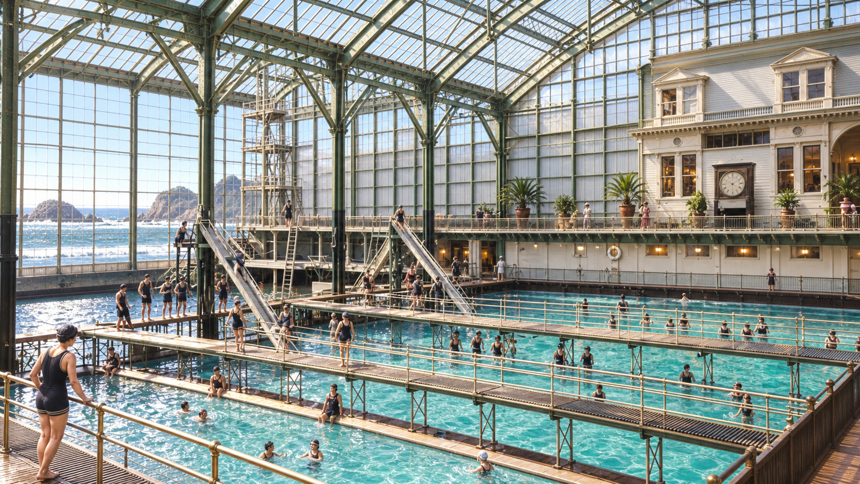 AI-assisted historical reconstruction of Sutro Baths; not an archival photograph. Interpretive details may differ from the historical record.
