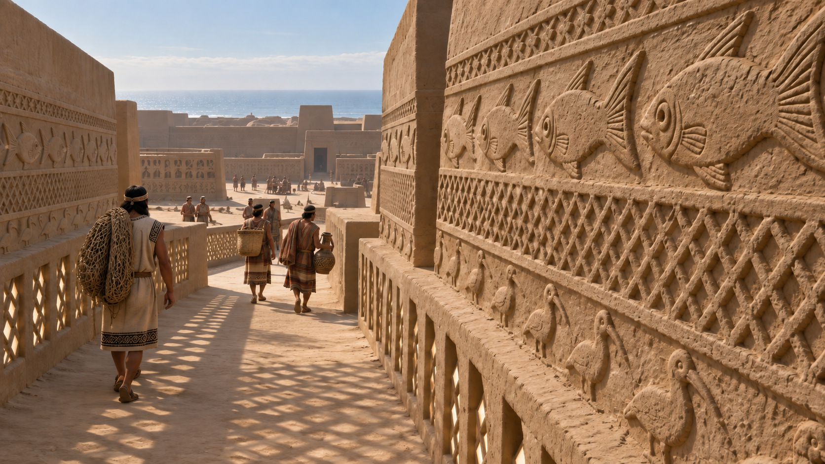 AI-assisted historical reconstruction of Chan Chan: A City Patterned with the Sea; not an archival photograph. Interpretive details may differ from the historical record.