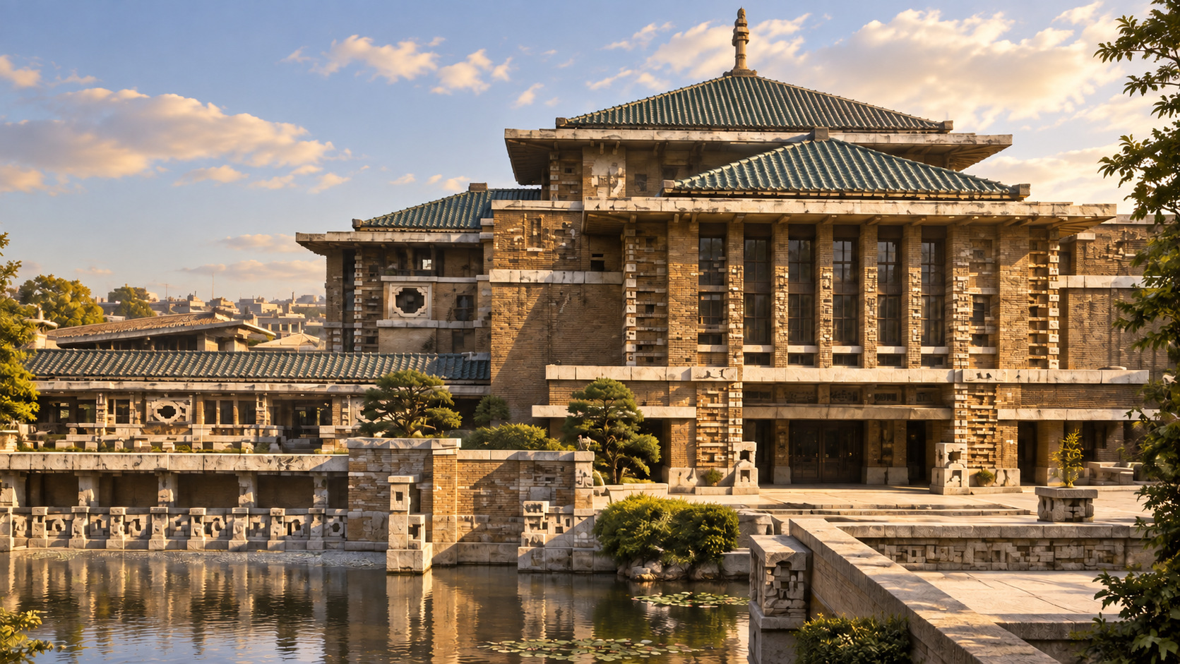AI-assisted historical reconstruction of Wright’s Imperial Hotel; not an archival photograph. Interpretive details may differ from the historical record.