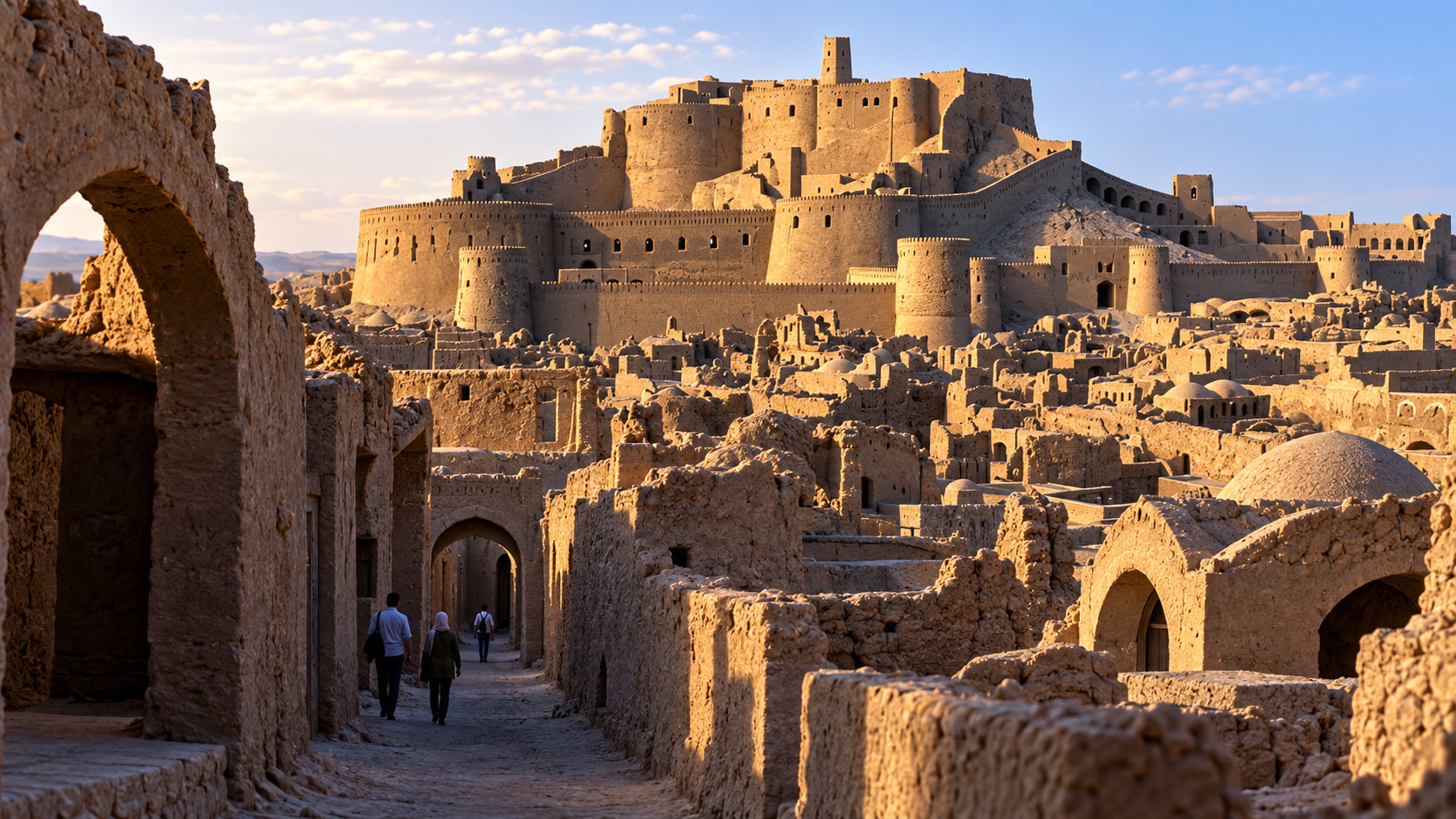 AI-assisted historical reconstruction of Bam: The Fortress Made of Earth; not an archival photograph. Interpretive details may differ from the historical record.