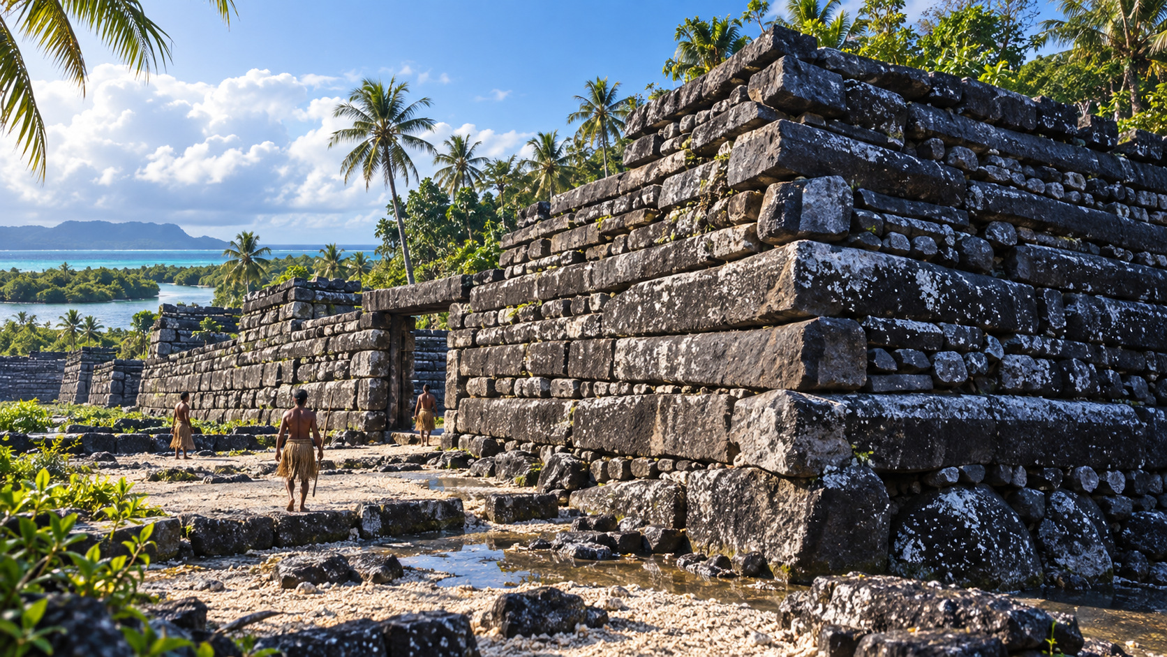 AI-assisted historical reconstruction of Nan Madol: The Islands Built from Stone; not an archival photograph. Interpretive details may differ from the historical record.