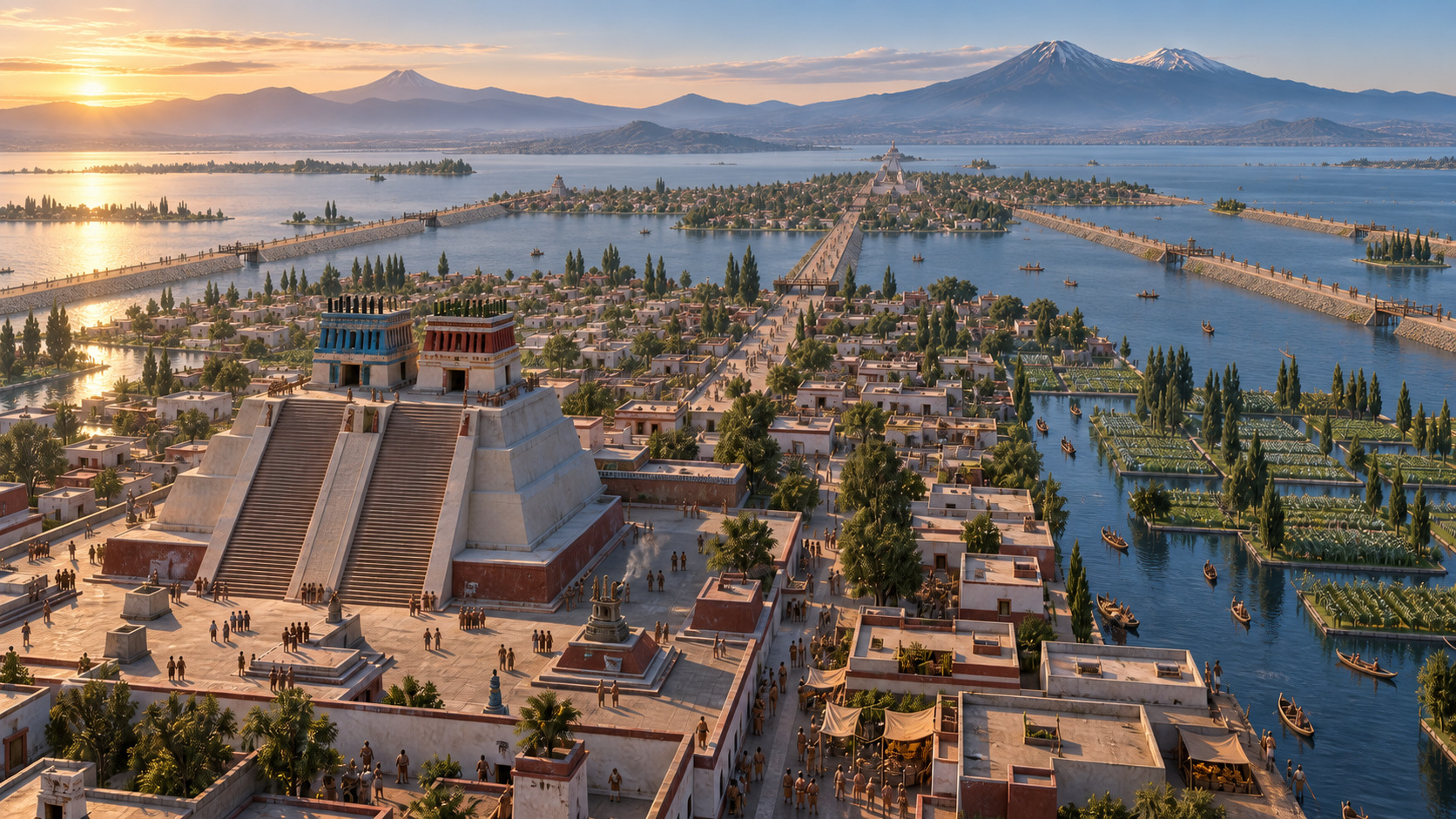 AI-assisted historical reconstruction of Tenochtitlan: The Capital in the Lake; not an archival photograph. Interpretive details may differ from the historical record.