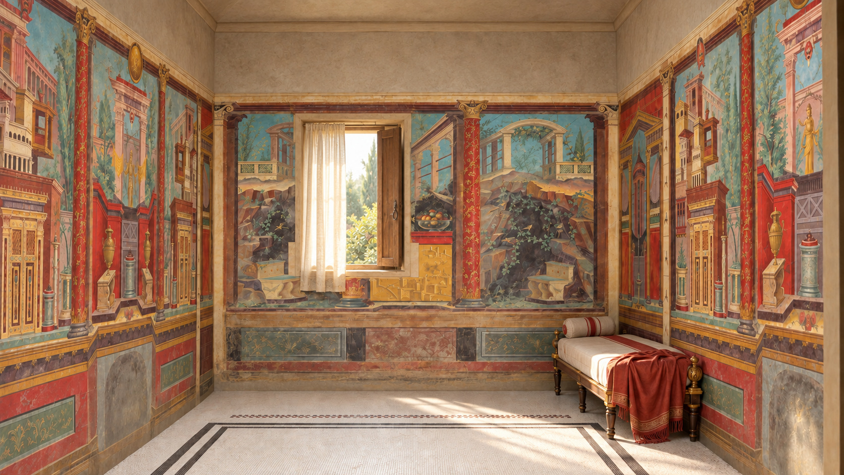 AI-assisted historical reconstruction of The Bedroom That Opened onto a Painted City; not an archival photograph. Interpretive details may differ from the historical record.