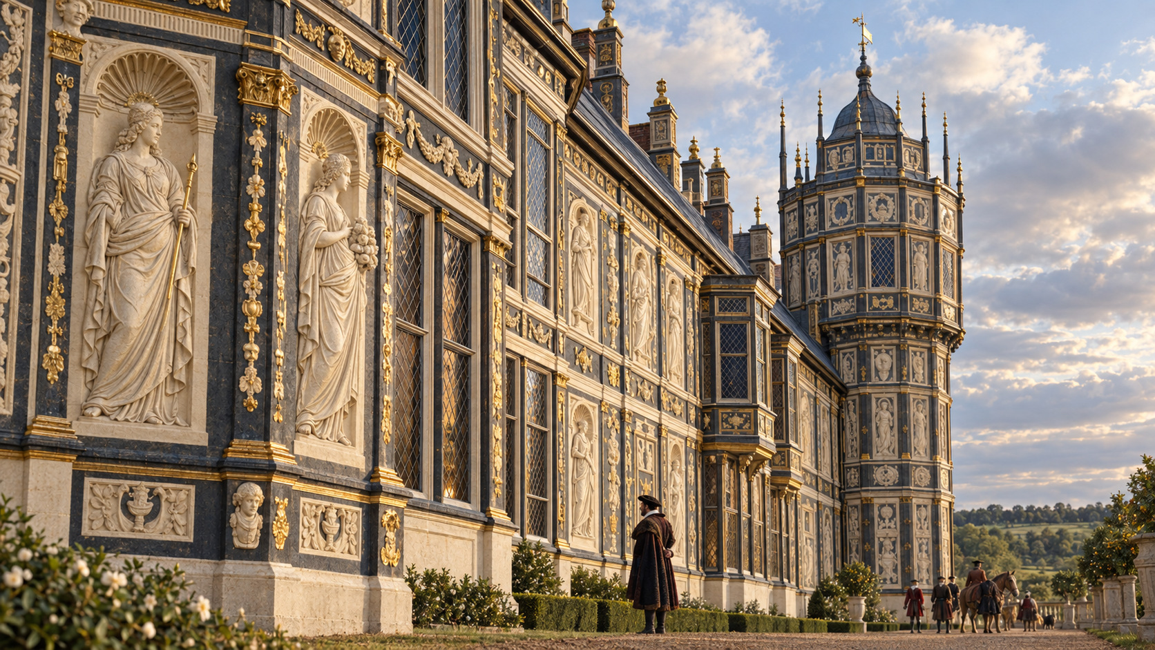 AI-assisted historical reconstruction of Nonsuch: The Palace Made of Pictures; not an archival photograph. Interpretive details may differ from the historical record.