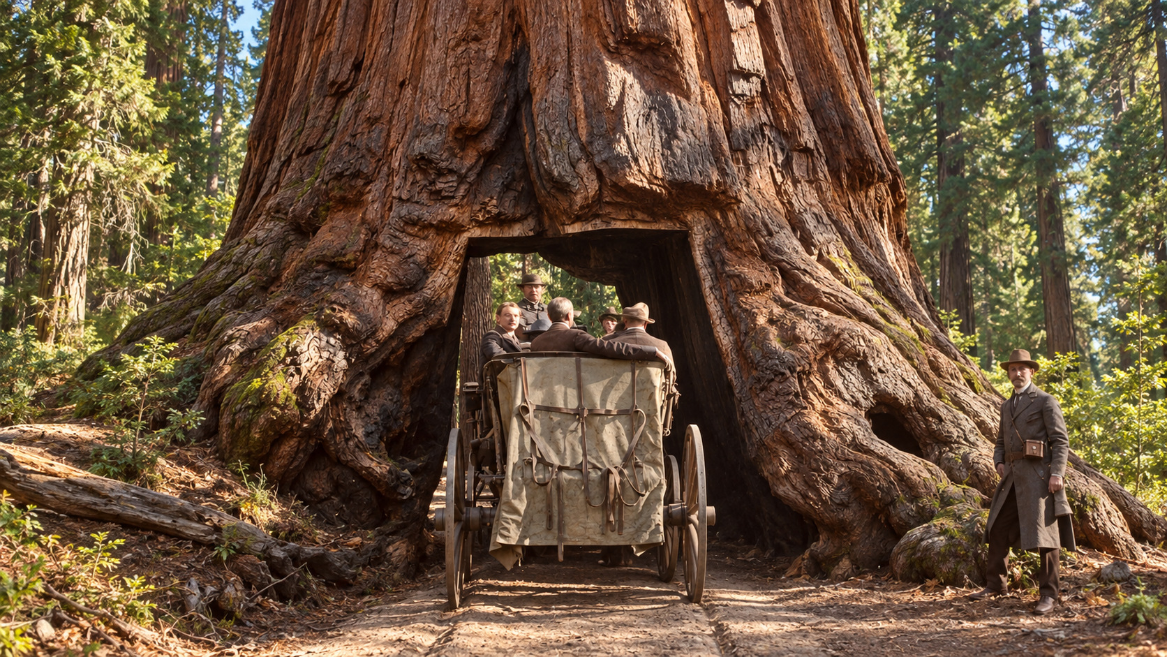 AI-assisted historical reconstruction of The Wawona Tunnel Tree; not an archival photograph. Interpretive details may differ from the historical record.