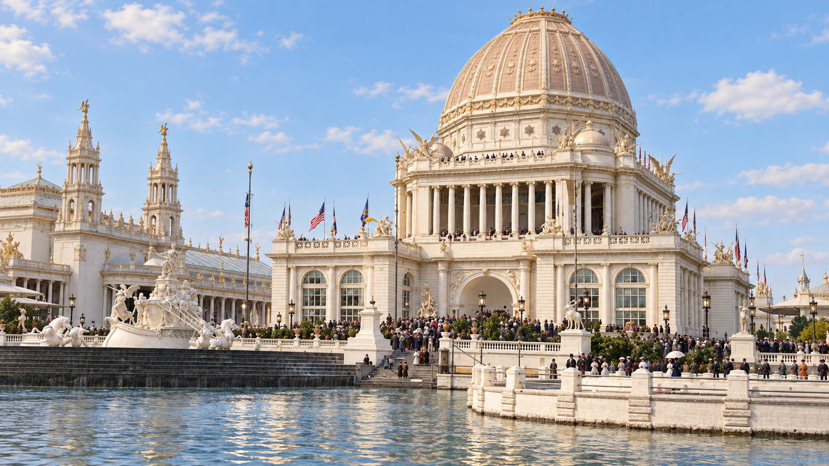 AI-assisted historical reconstruction of Chicago’s Temporary White City; not an archival photograph. Interpretive details may differ from the historical record.