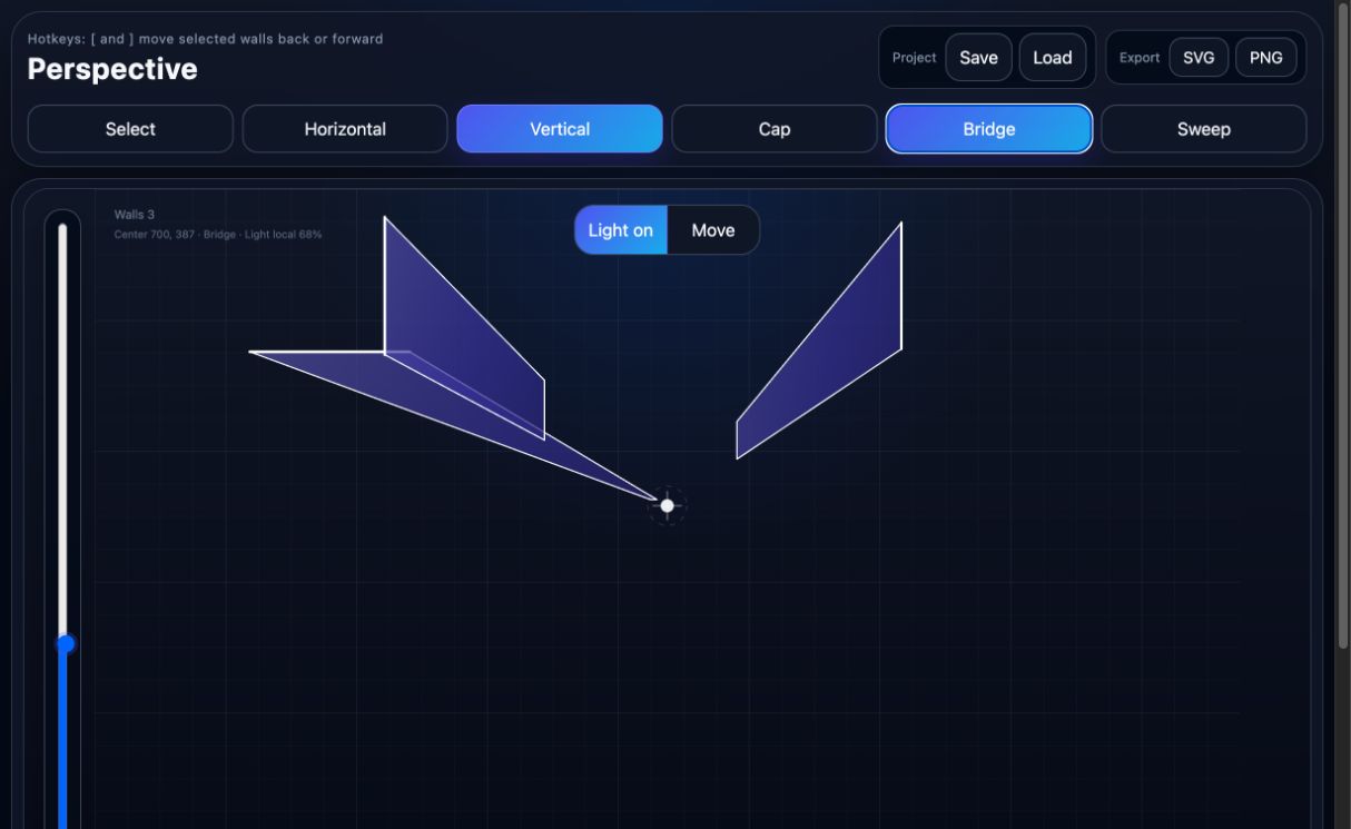 Perspective drawing tool with a luminous three-wall architectural study on a blue grid