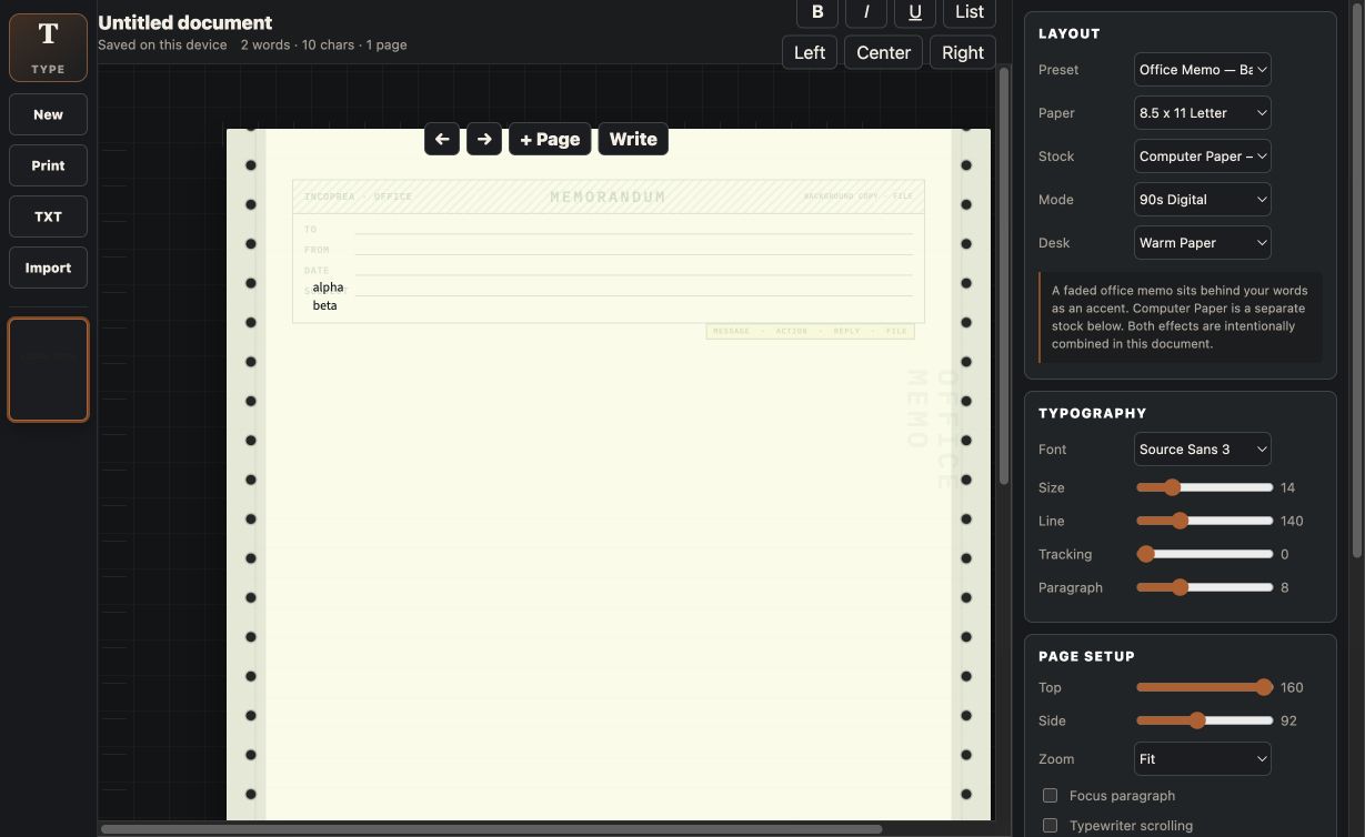 Type writing studio with a clean office memo page and detailed typography controls