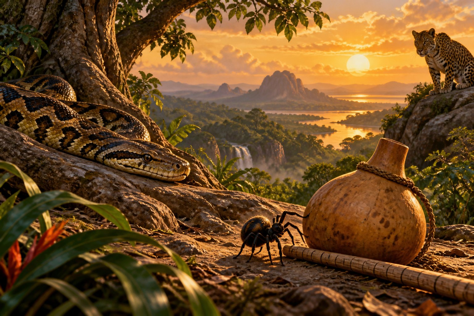A small spider stands beside a calabash and measuring stick, with a python and leopard in the surrounding landscape.