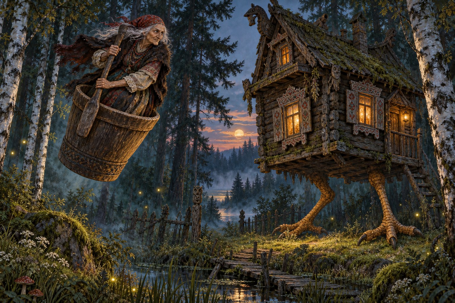 Baba Yaga flies through the forest in a wooden mortar beside her hut on giant chicken legs.
