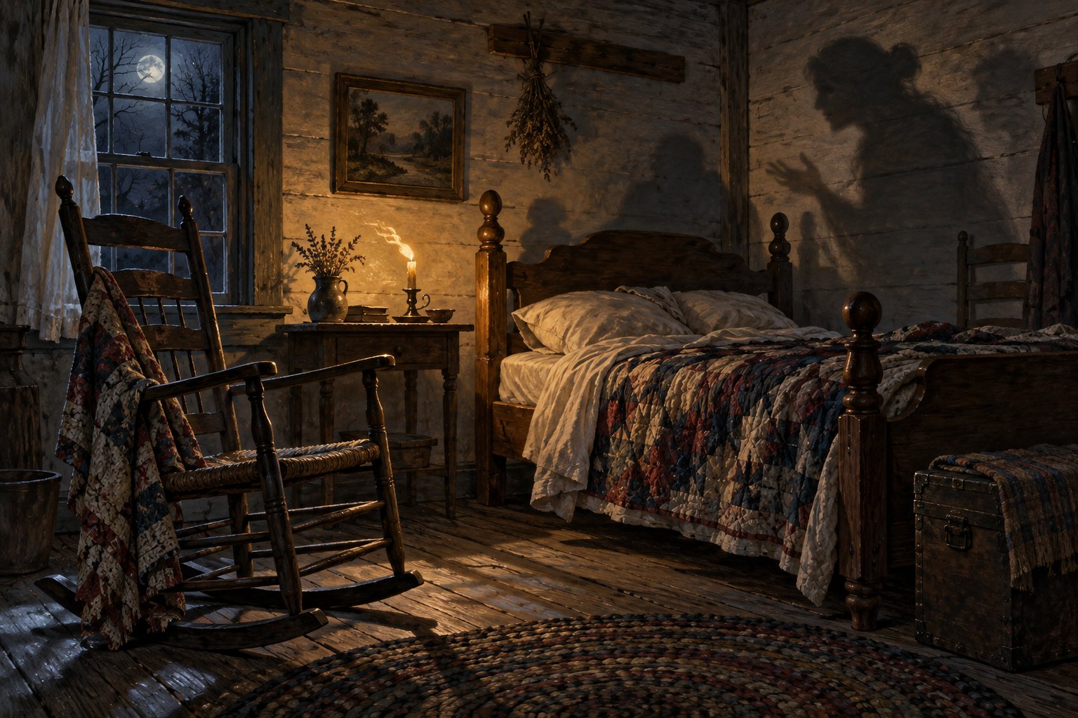 An empty rocking chair and wavering candle in a Tennessee farmhouse.