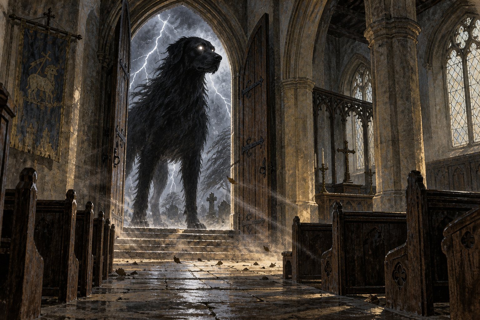 A spectral black dog fills a church doorway during a thunderstorm.