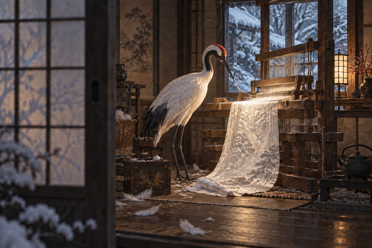 A white crane draws a thread with its beak at a wooden loom inside a snowy Japanese cottage.