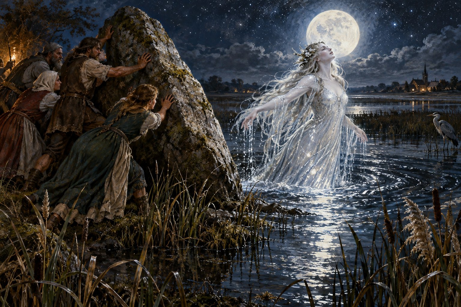 Villagers move a mossy stone as a luminous moon-woman rises from a reed-filled marsh.