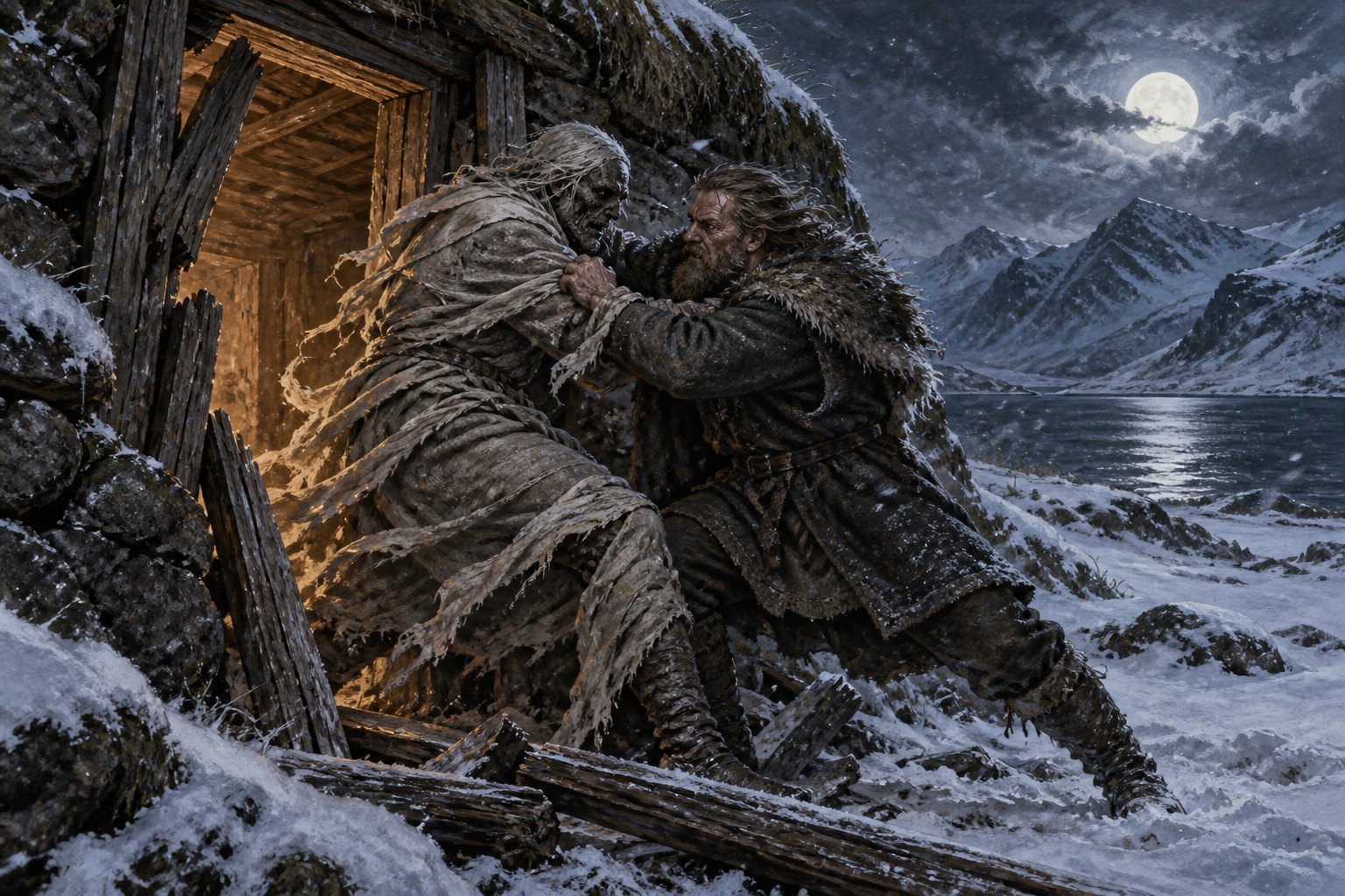 Grettir struggles with a shadowy revenant at a moonlit turf-hall doorway.