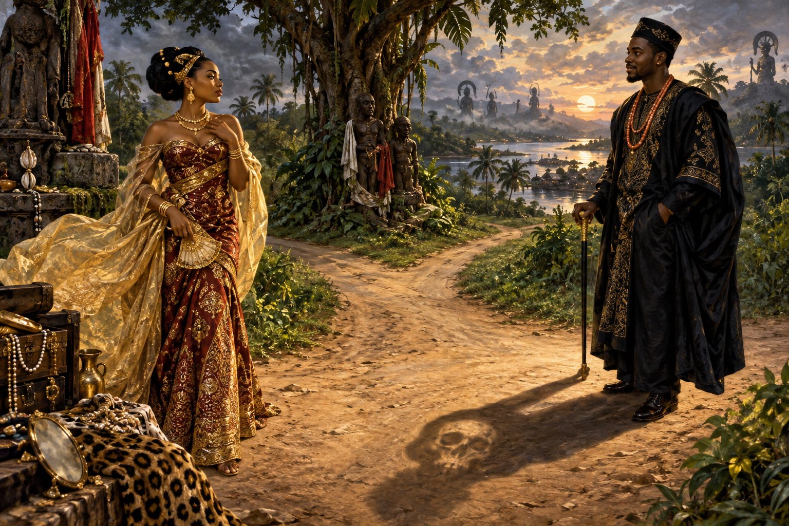 An elaborately dressed woman faces a handsome suitor whose shadow contains a skull at a palm-lined crossroads.