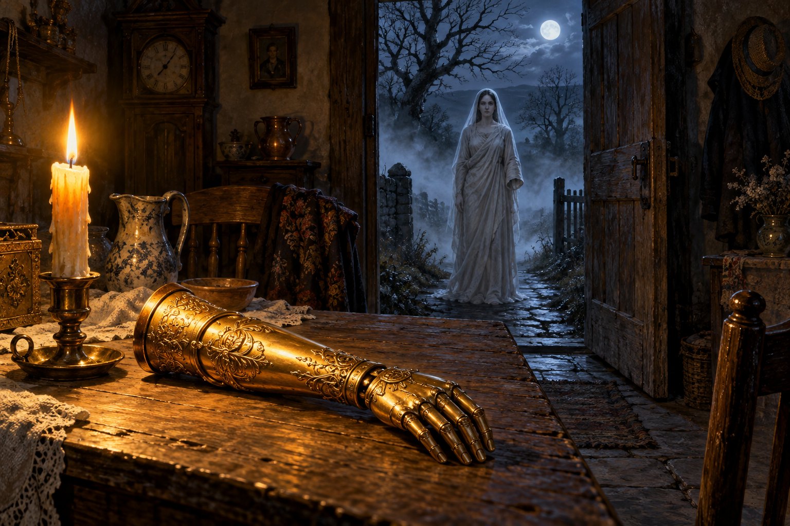 An ornate golden arm lies on a candlelit table as a pale woman appears in the open doorway.
