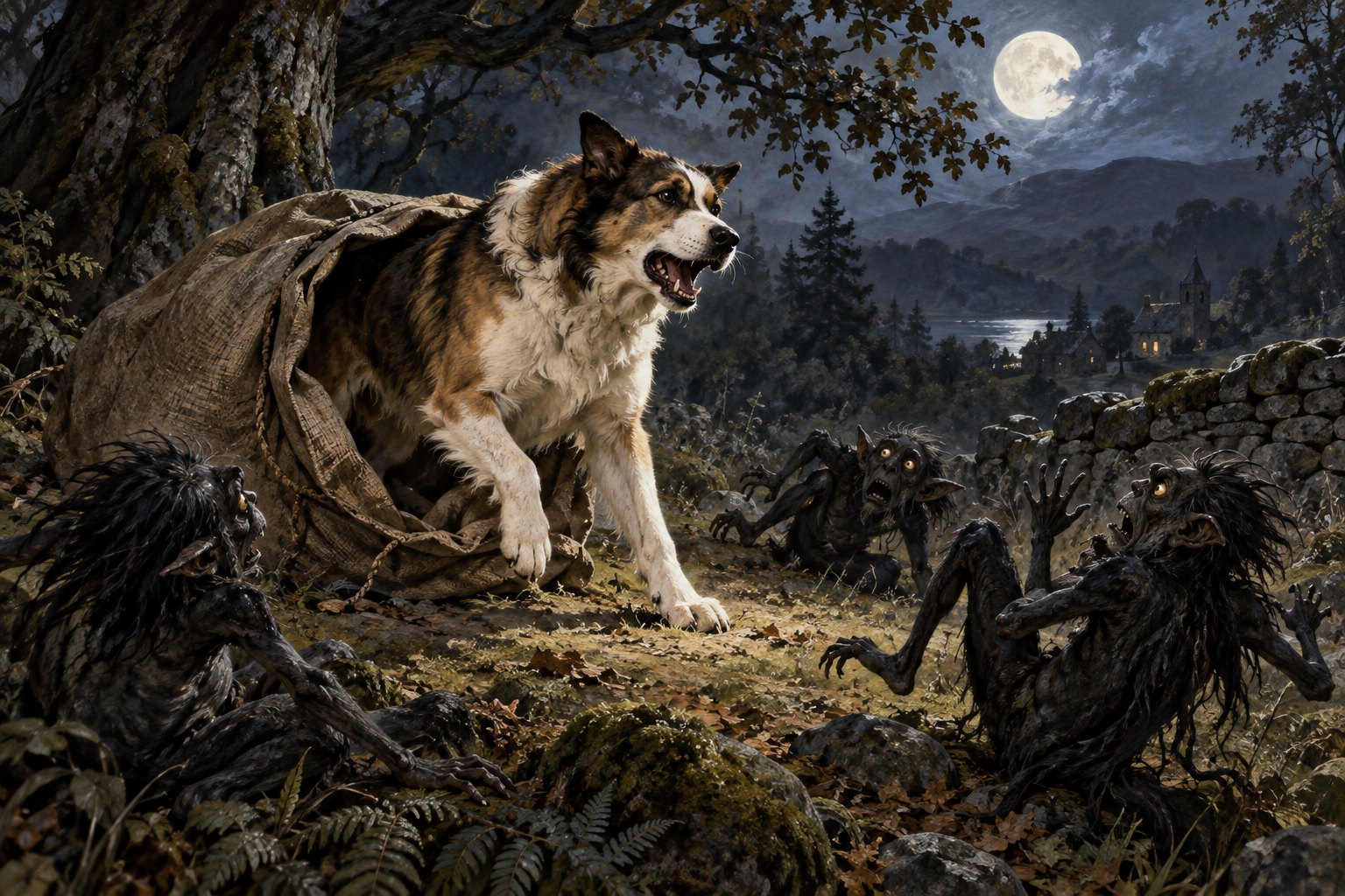 A healthy dog bursts from an opened sack as small dark goblins recoil in a moonlit woodland.