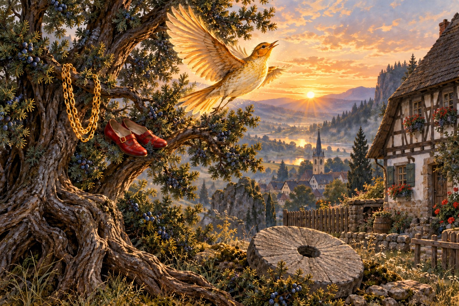 A golden bird flies beside a juniper tree bearing a gold chain and red shoes, with a millstone below.
