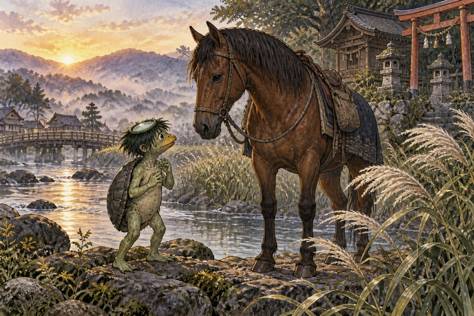A surprised kappa stands beside a horse on a quiet riverbank.
