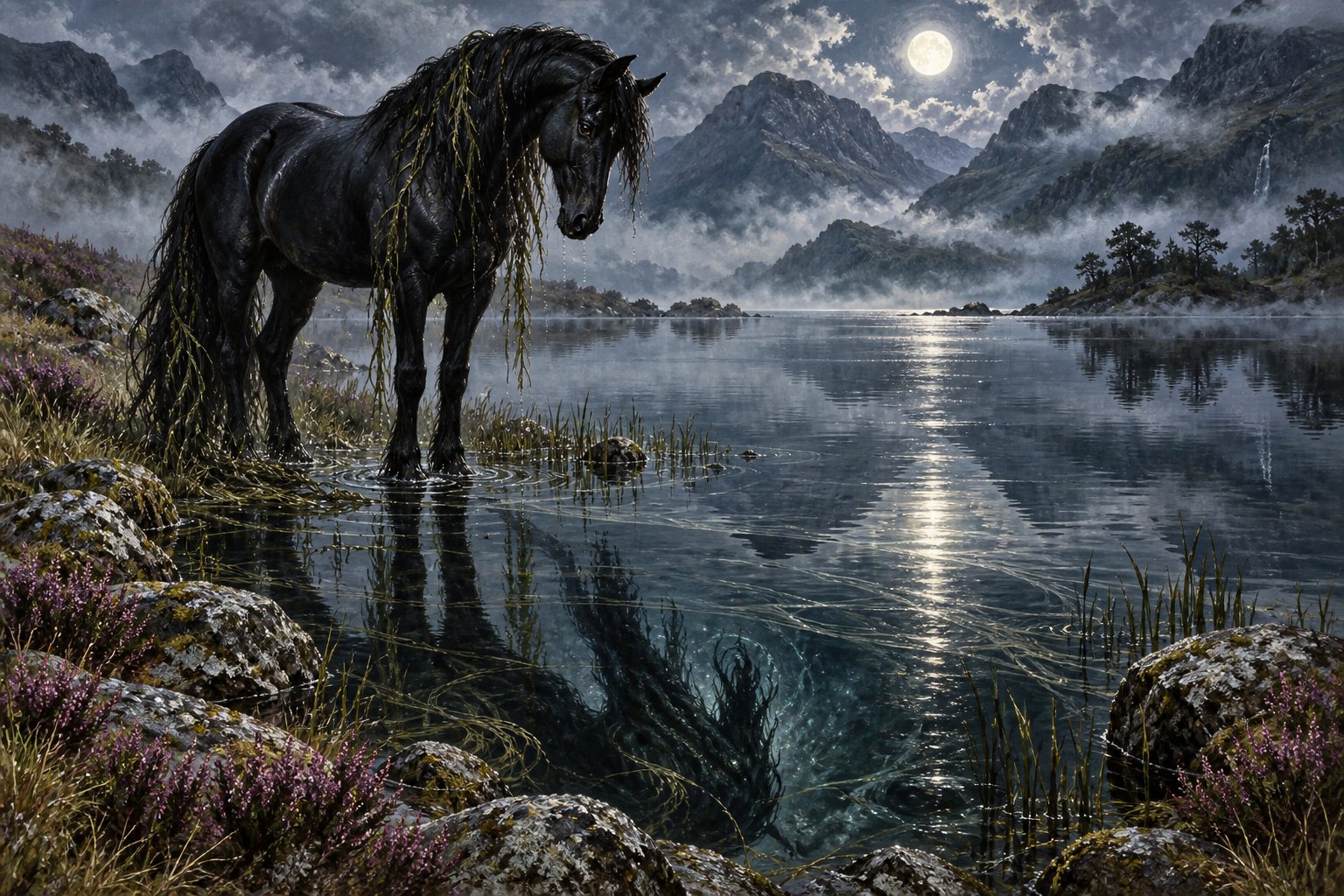 A dark water horse stands at the edge of a moonlit loch, with a monstrous reflection beneath the surface.