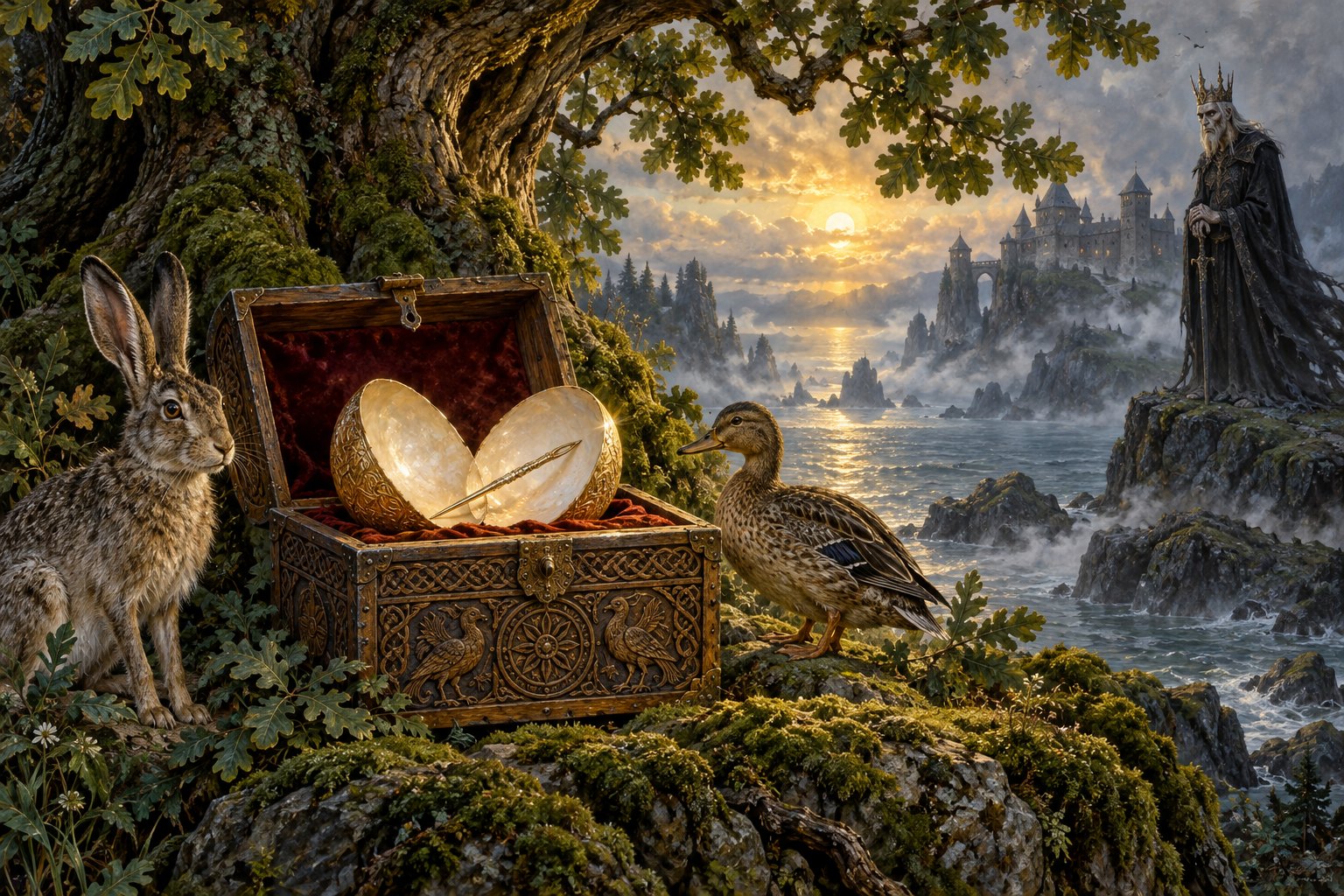 A split glowing egg containing a needle rests in an open chest beneath an oak, flanked by a hare and a duck.
