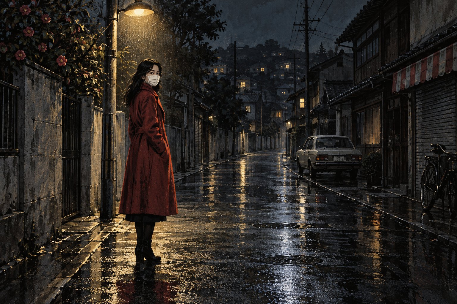 A masked woman in a red coat waits beneath a streetlamp on an empty street.