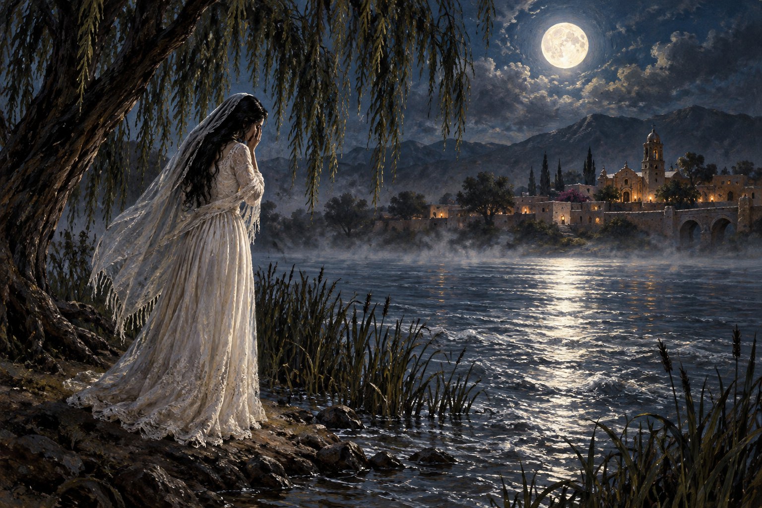 A pale figure stands beside a moonlit river under drifting mist.