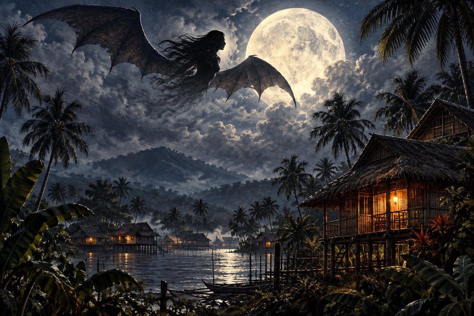 A winged silhouette passes above palm trees and village roofs.