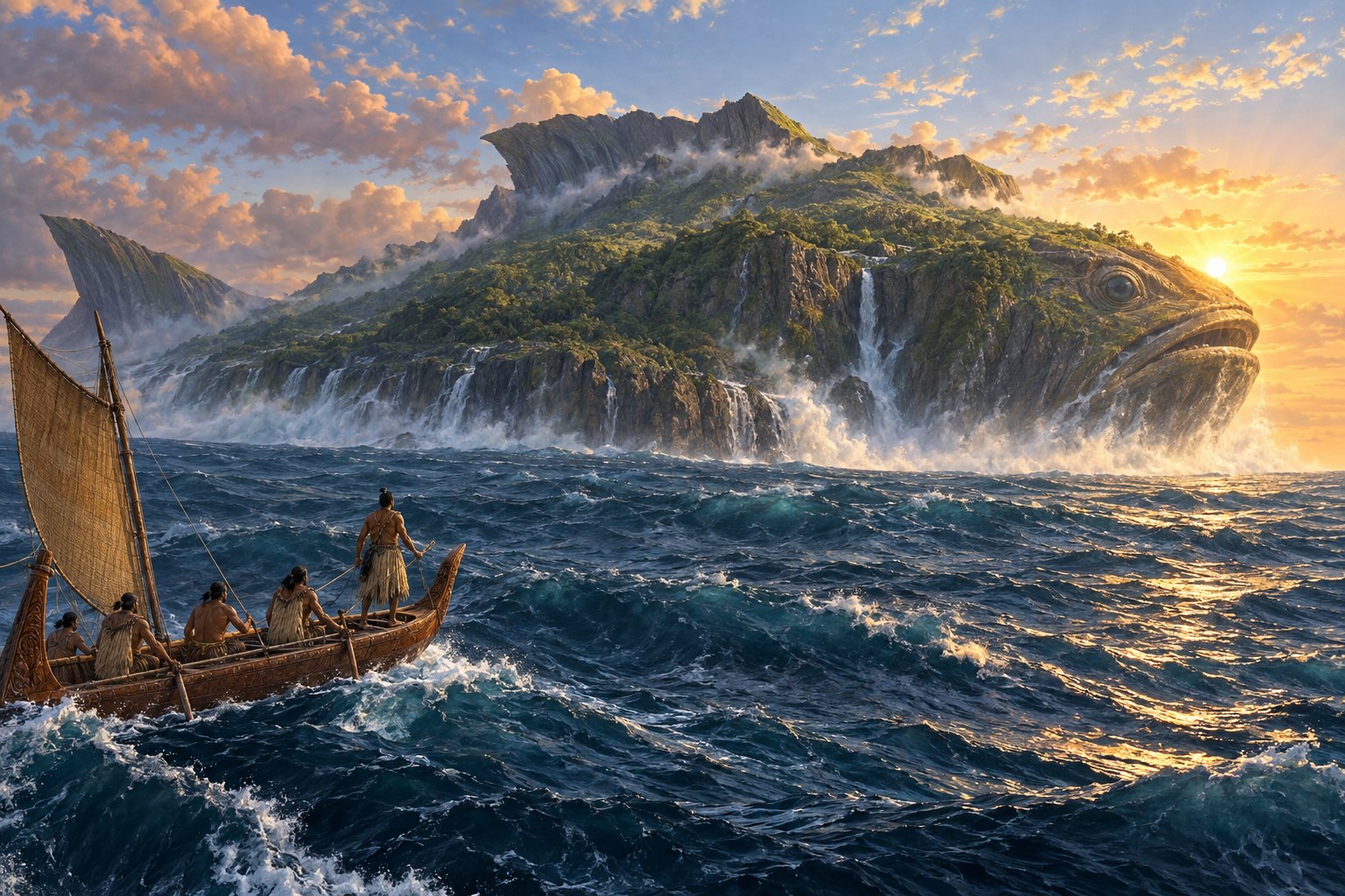 Māui and his brothers in a wooden waka face a colossal fish-shaped landmass rising from the ocean.