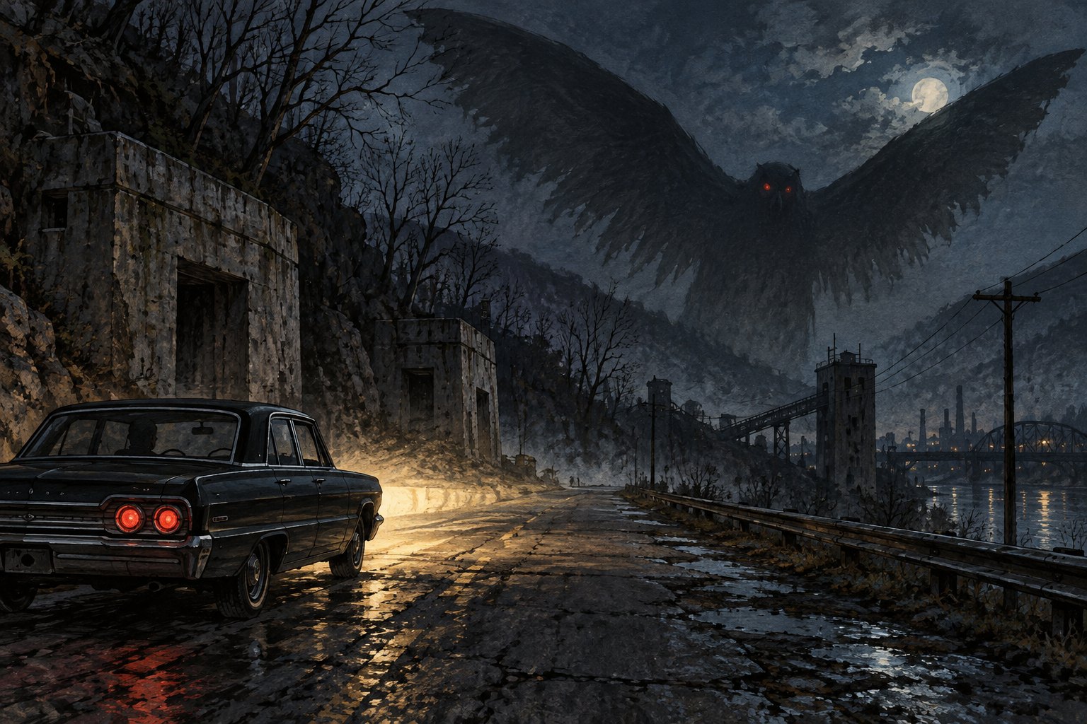 A vast winged figure with red eyes looms in the night sky above a car, abandoned bunkers, and a riverside bridge.