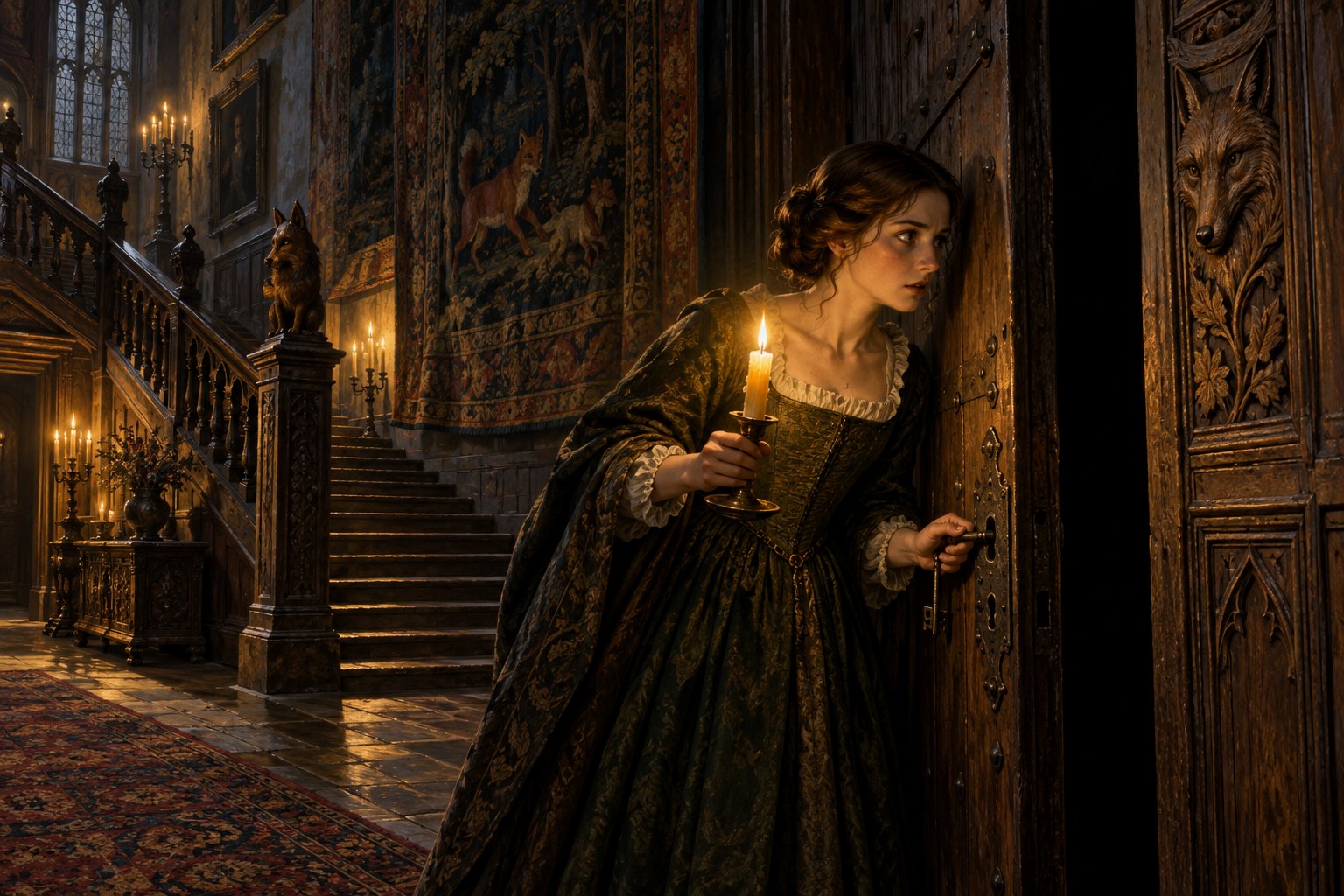 A woman holding a candle peers through a partly opened door in a dark manor corridor.