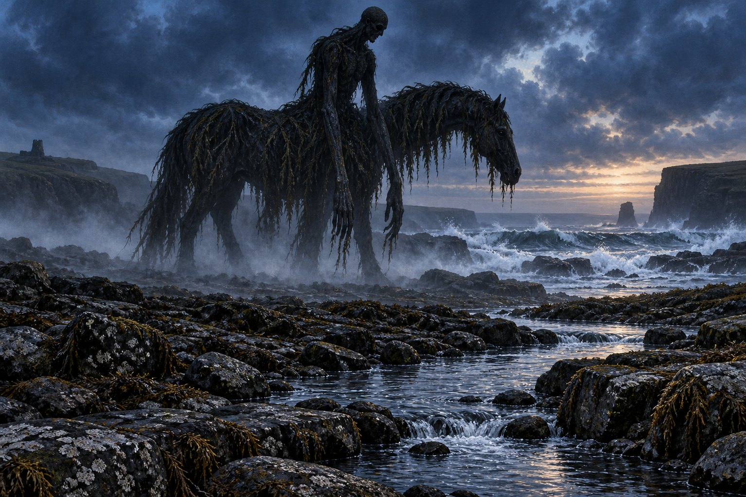 A towering creature with a human torso joined to a horse stands beside a rocky stream on a stormy Orkney coast.
