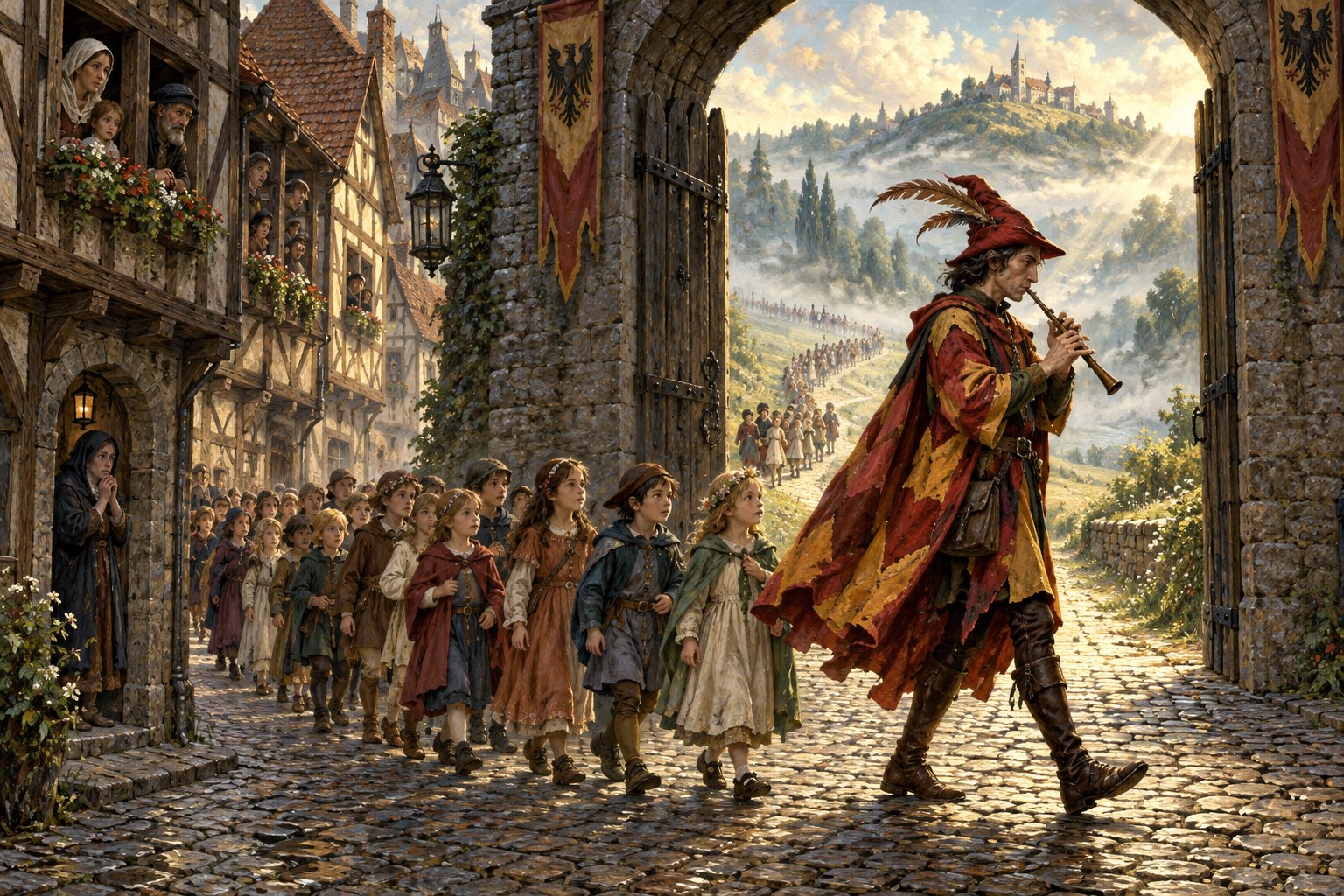 A piper leads a procession of children through a medieval town gate while townspeople watch from windows.