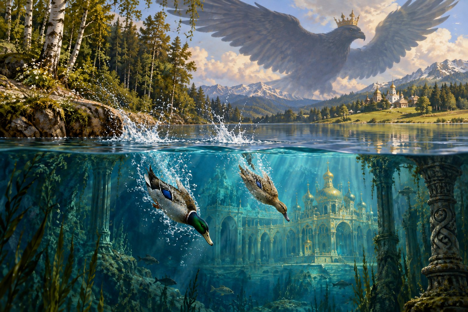 A duck and drake dive above an underwater palace while a vast crowned eagle looms over the lake.