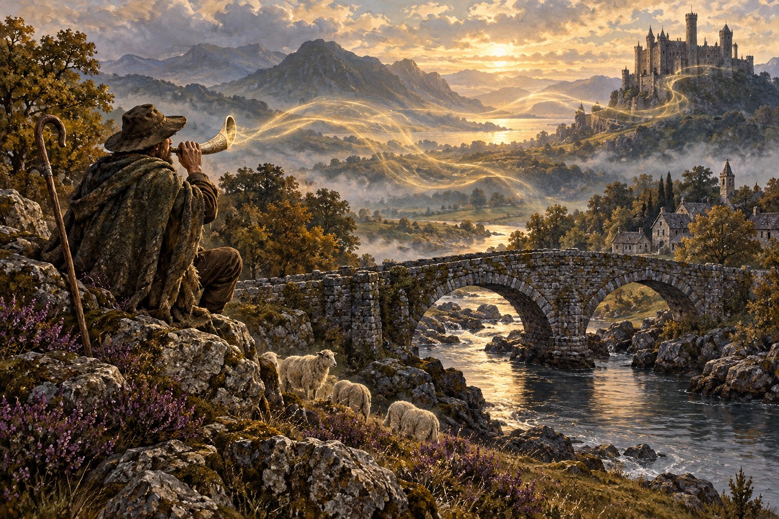 A shepherd’s horn sends a mysterious glow across an old stone bridge.