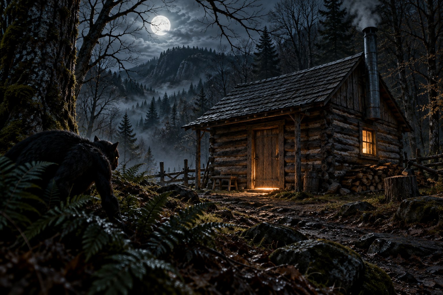 A dark catlike creature watches a lamplit cabin from the ferns of a moonlit forest.