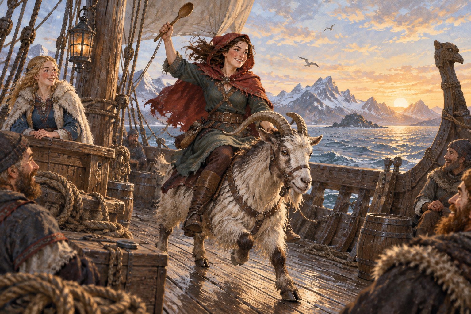Tatterhood rides her goat across a ship’s deck with a wooden spoon raised.