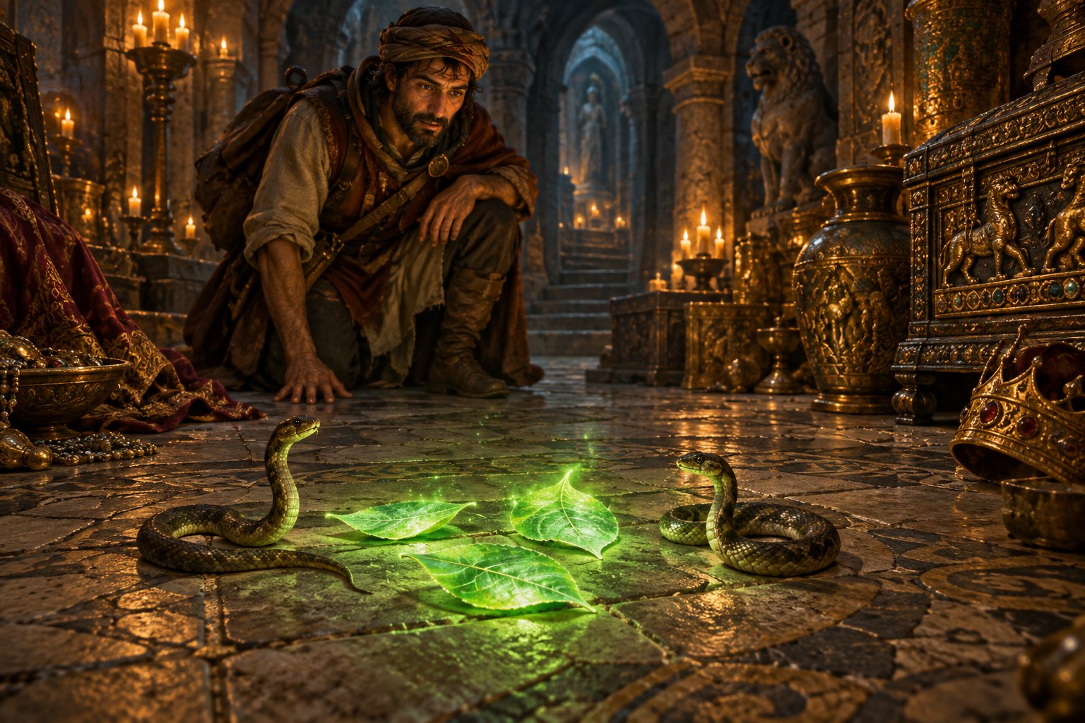 A traveller kneels in a candlelit vault beside two living snakes and three glowing green leaves.