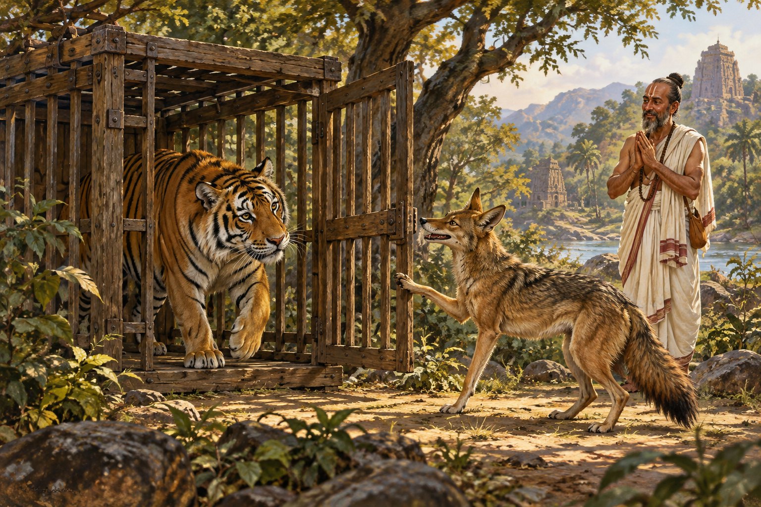 A jackal holds the door of a wooden cage containing a tiger while a Brahman watches nearby.