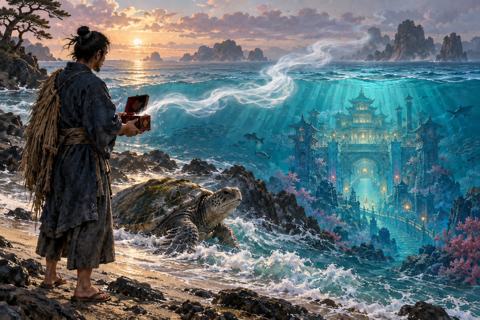 A fisherman opens a lacquered box on the shore as white vapour rises above a turtle and an imagined underwater palace.