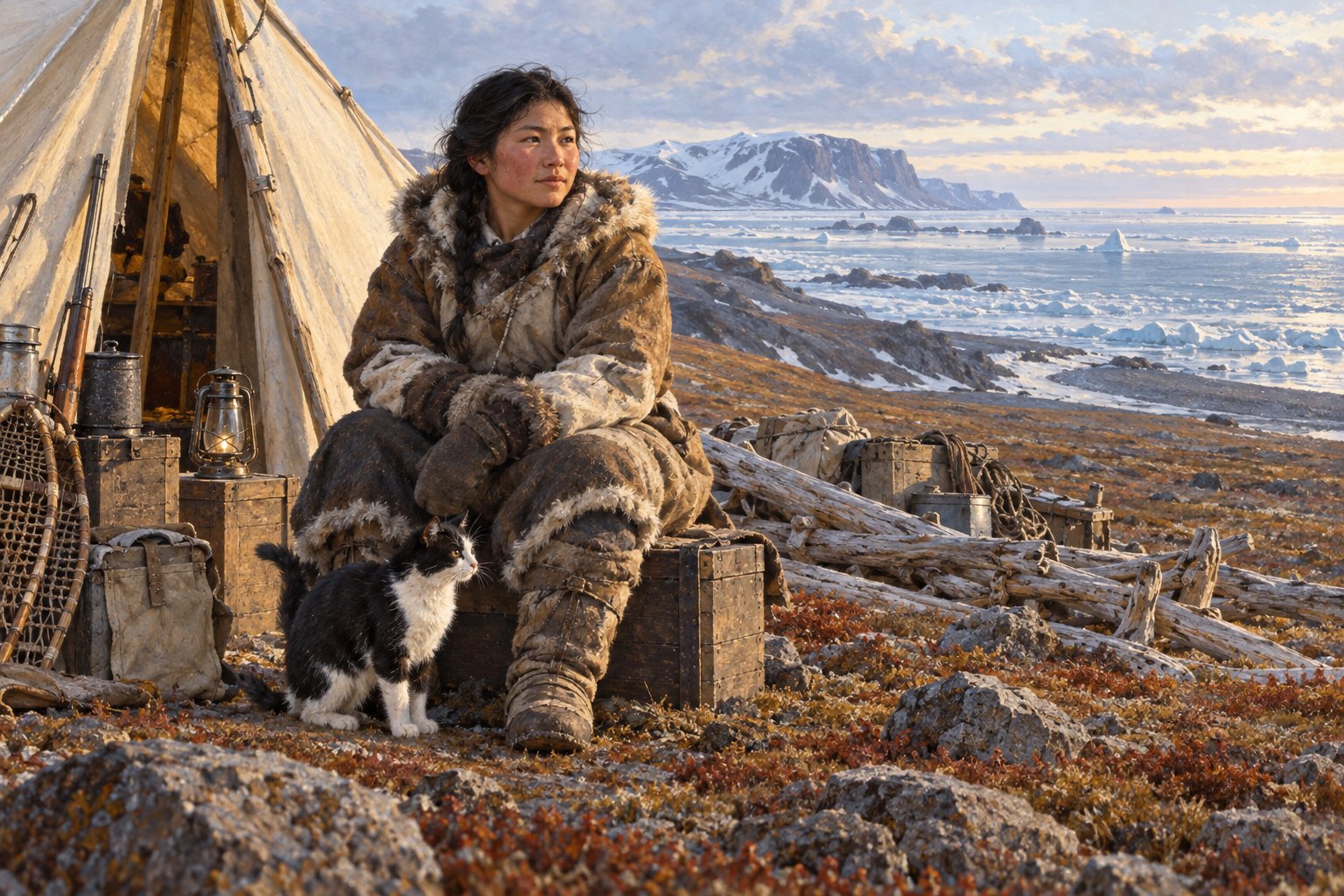An Iñupiat woman and the expedition cat sit beside an Arctic camp.