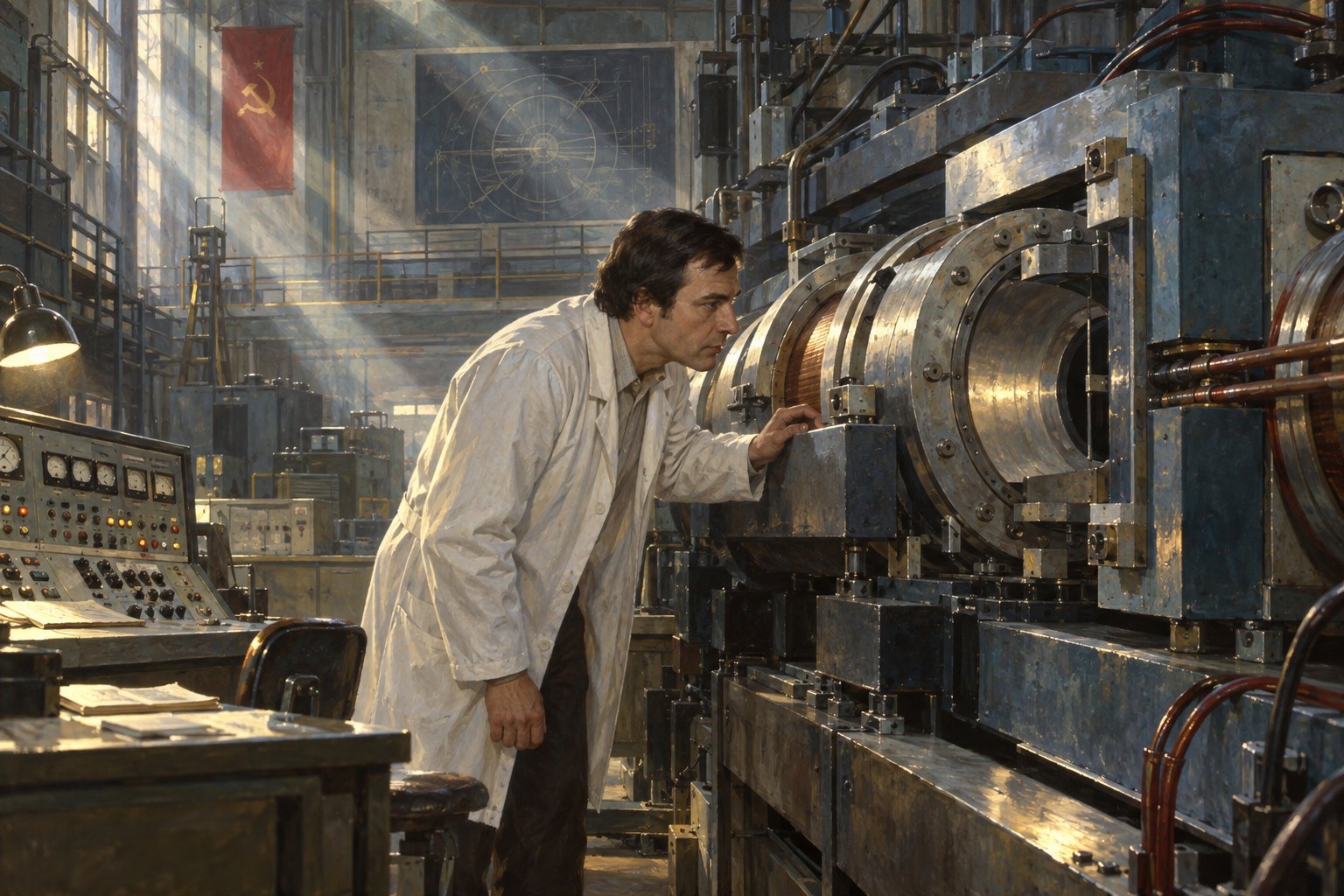 A scientist examines industrial accelerator equipment in a Soviet laboratory.