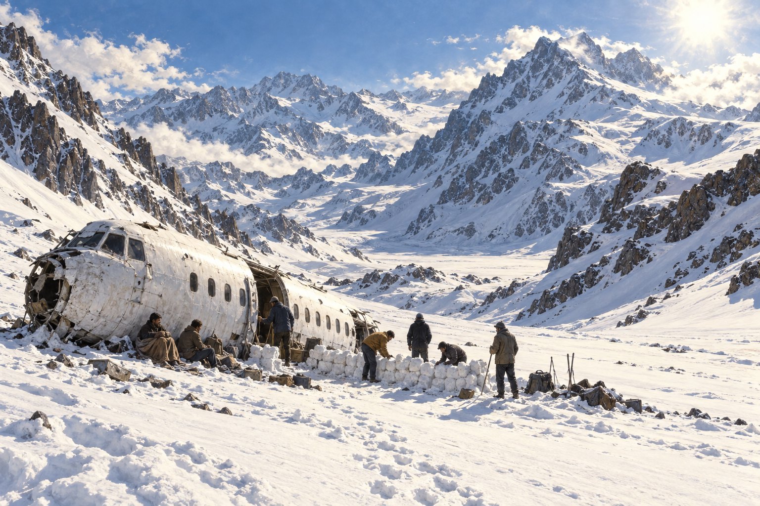 Bundled survivors shelter beside broken aircraft wreckage in the Andes.