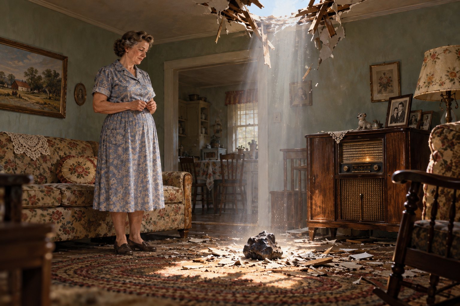 A woman stands beside a sofa and radio beneath a hole in the ceiling, with a meteorite on the floor.